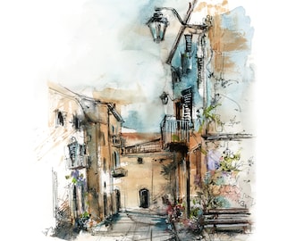 Italian Street City Scene Wall Print, Watercolor Painting, Street Italy Architecture Sketching Travel Wall Art Decor Print