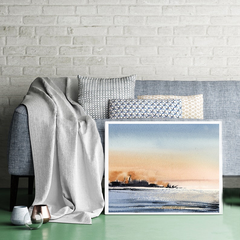 Seascape Minimalist Wall Art Print Calming Nature Blue Orange Etsy