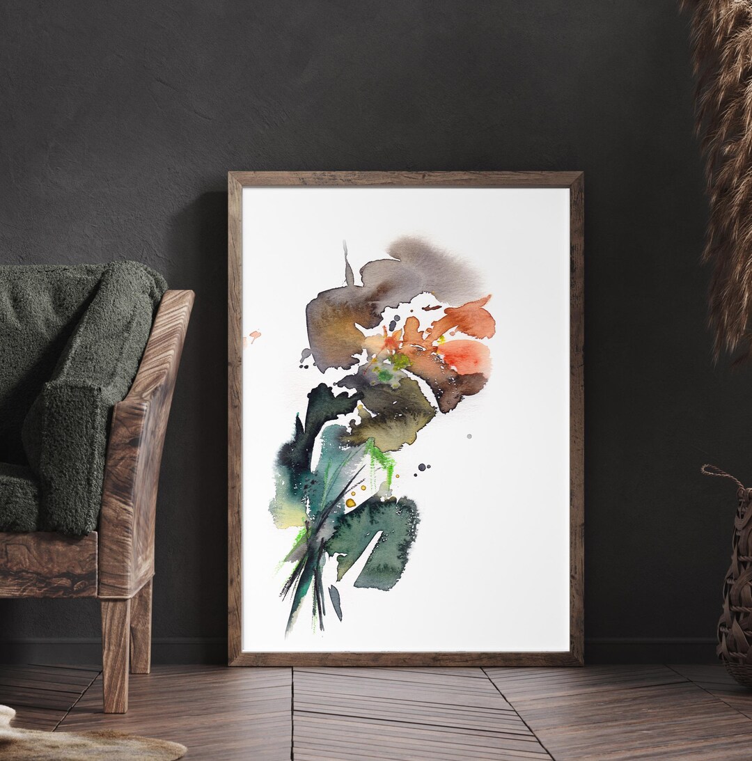 Abstract Flower Art Print Emerald Green and Orange Colors Wall Decor ...