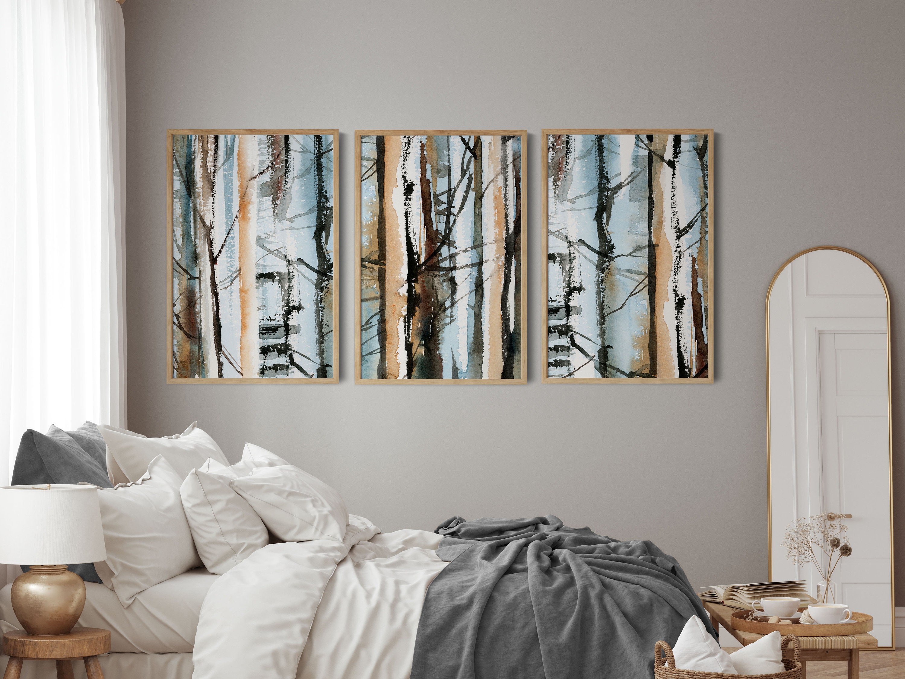 Birken Bäume Wandbilder Set 3 Stück Abstrakt Wald Wand Dekor, Natur  Aquarell Gemälde, Landschaft Wand Dekor, Wohnzimmer Dekor