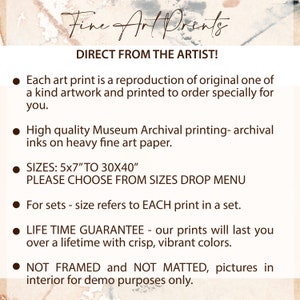 Puede incluir: Texto sobre fondo crema: "Fine Art Prints" y "Direct from the Artist!". Puntos que detallan las impresiones, incluyendo tama&ntilde;os de 12,7cm x 17,8cm a 76,2cm x 101,6cm, calidad de archivo y garant&iacute;a de por vida.