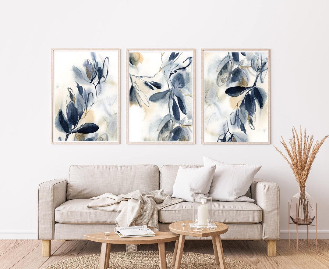 Wall Art Prints 3 Set, Abstract Botanical Art, Blue Watercolor Painting ...