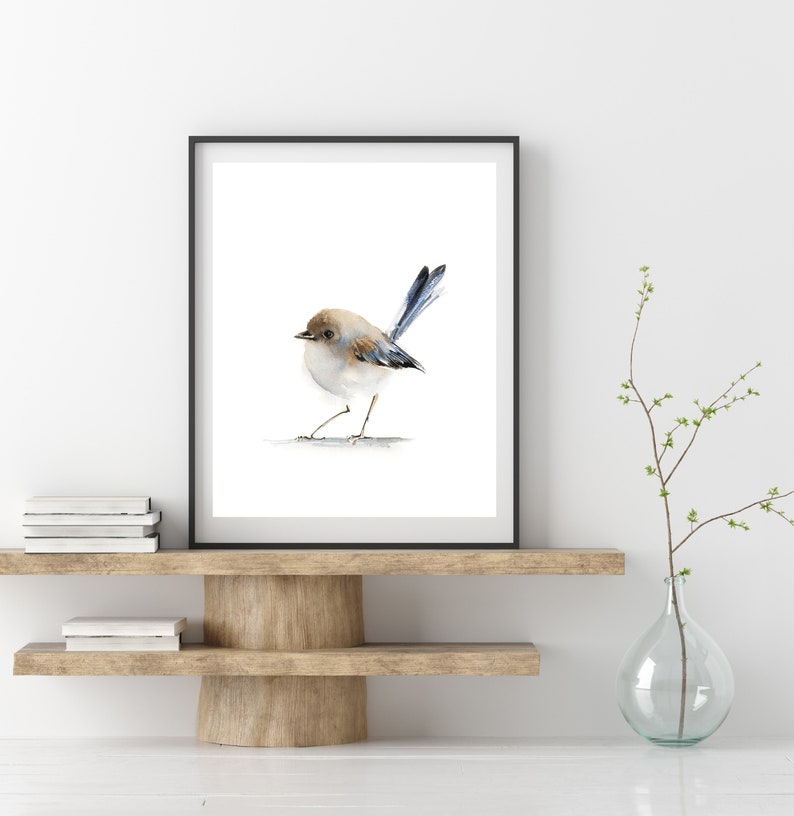 Puede incluir: Una impresi&oacute;n en acuarela enmarcada de un p&aacute;jaro peque&ntilde;o con cabeza marr&oacute;n, cuerpo blanco y plumas de cola azules. El p&aacute;jaro est&aacute; sobre una superficie gris claro. El marco negro se exhibe en una estanter&iacute;a de madera.
