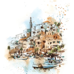 Jaffa Port Art Print, Tel Aviv Cityscape Art, Architecture Fine Art Print, Israel Watercolor Painting, Israel City Art, Travel Wall Art