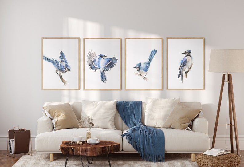 Blue Jay Bird Painting Watercolor Prints, Birds Gallery Wall Set of 4 Fine Art Prints, Bird Wall Art Decor Giclee Prints, Bird Illustrations image 2