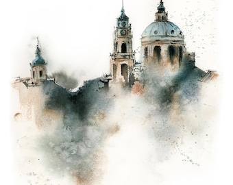 Prague Skyline Wall Art Print, Watercolor Painting Cityscape Art, Teal Earth Colors Prague Roofs, Architecture Fine Art Print, Travel Art