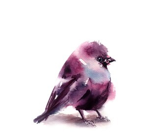 Little Purple Birdie Art Print, Bird Watercolor Illustration, Cute Minimalist Bord Painting Wall Art