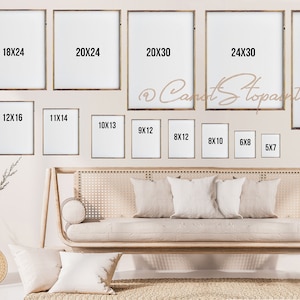 May include: A selection of framed art prints in sizes such as 40x50 cm, 45x60 cm, and 50x60 cm, displayed on a wall. The image also features a wicker sofa with cushions and a woven basket with dried plants, creating a neutral-toned interior.