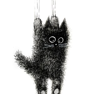 Zwarte pluizige kat illustratie kunstprint, zwart-witte kat tekening kunst, kunst aan de muur print, BW muur decor, kattenkunst, grappige schattige kat muur print