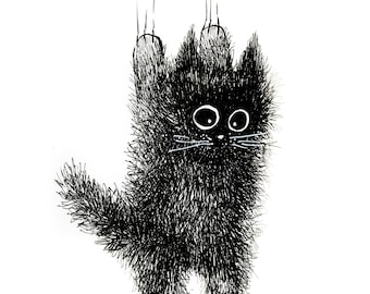 Black Fluffy Cat Illustration Art Print, Black and White Cat Drawing Art, Wall Art Print, BW Wall Decor, Cat Art, Funny Cute Cat Wall Print