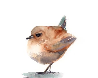 Minimalist Earthy Bird Fine Art Print, Cute Birdie Watercolor Painting Illustration by CanotStopPainting