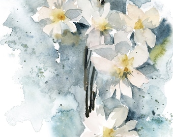 White Daffodils Flowers Fine Art Print, Botanical Watercolor Painting, Pastel Colors Florals Nature