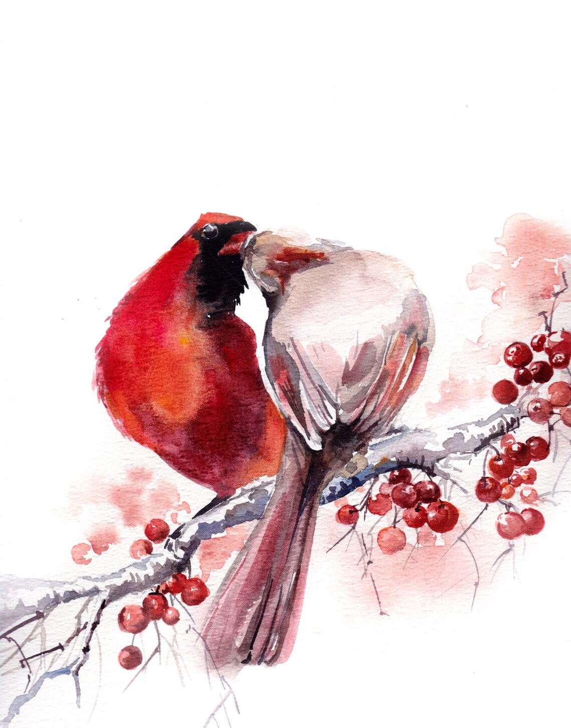 The Kiss Cardinal birds couple art print Red Birds Watercolor | Etsy