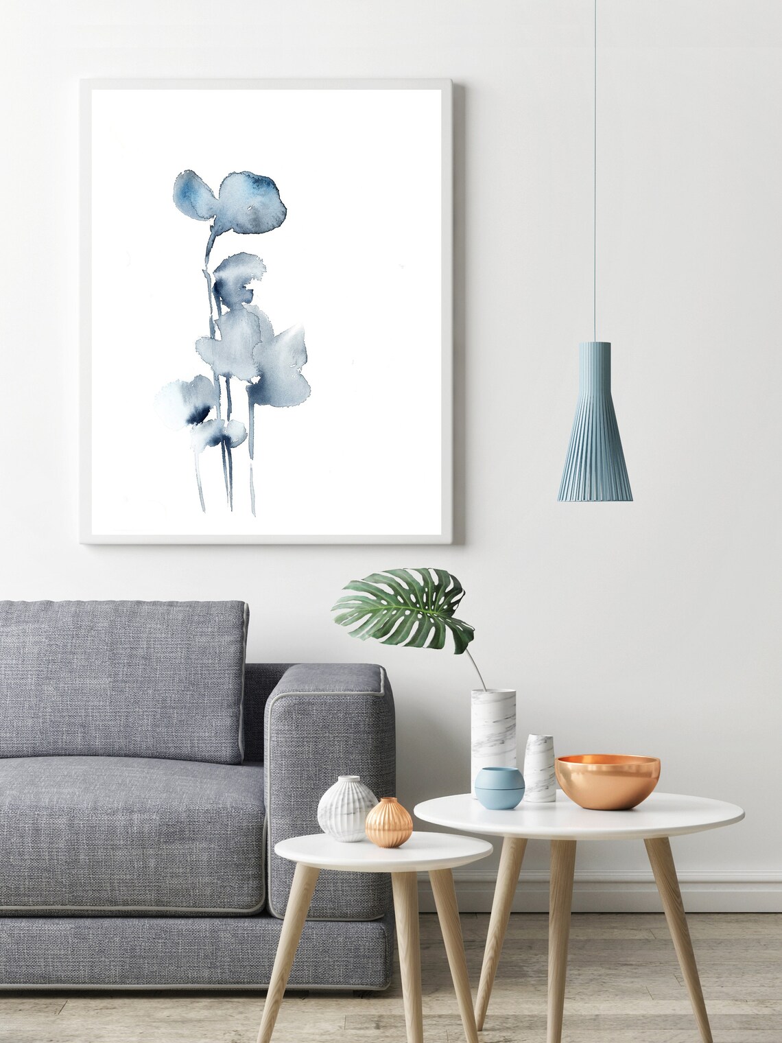Minimalist Floral Fine Art Print Blue Grey Abstract Flowers Etsy