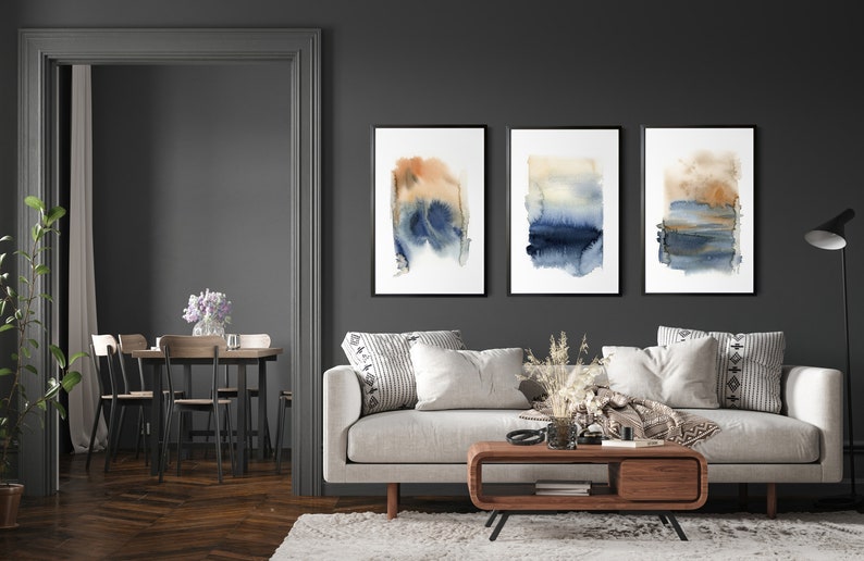 Abstract Landscape Living Room Wall Art Blue Terracotta Etsy