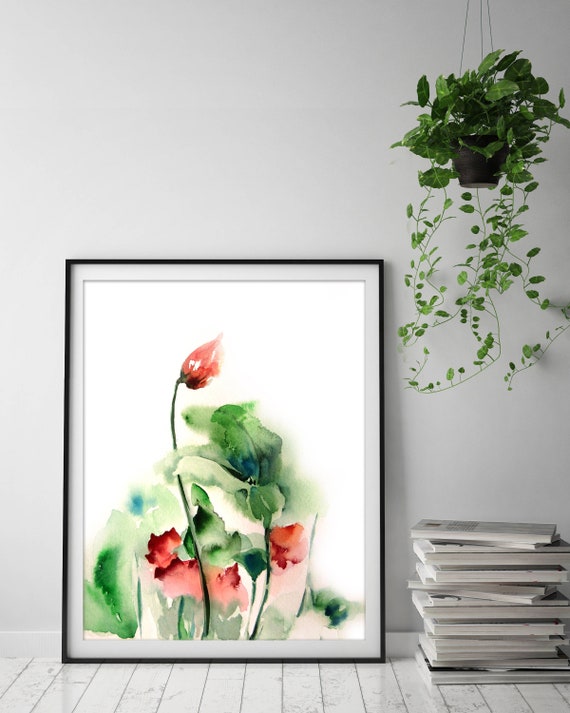 Abstract Florals Print Flowers Red Green Watercolor Painting Etsy