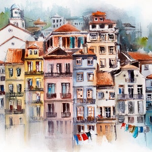 Impresión en acuarela de paisaje urbano de Oporto, impresión artística de casas coloridas, pintura de Portugal, decoración de pared de viaje, dibujo urbano en acuarela