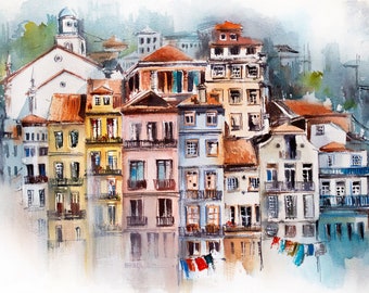 Porto Stadtbild Fine Art Print, Bunte Häuser Portugal Aquarell Malerei, Reise Wand-Dekor, Urban Skizzieren Portugal Kunst