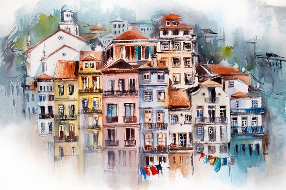 Porto Cityscape Fine Art Print, Colorful Houses Portugal Watercolor Painting, Travel Wall Decor, Urban Sketching Portugal Art