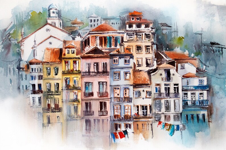 May include: Watercolor painting of a European cityscape featuring colorful buildings with orange tile roofs. The buildings are reflected in the water below. A church with a white facade and a bell tower is visible in the background.