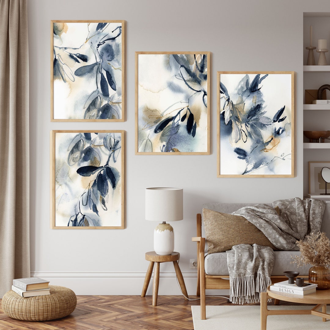 Abstract Blue Botanical 4 Art Prints, Gallery Wall Set of 4 Abstract ...