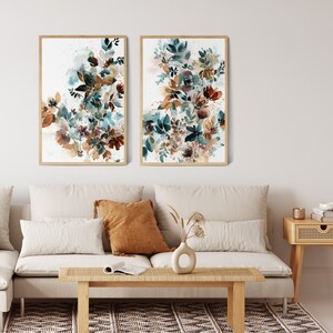 Teal Burnt Orange Art, Multi Panel Nature Prints, Set of 2 Watercolor ...