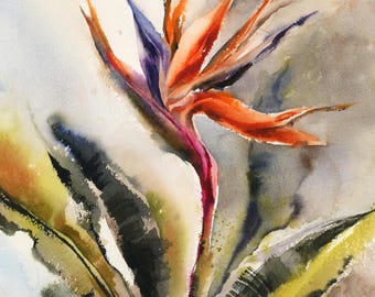 Tropical Flowers Fine Art Print, Bird of Paradise Painting, Floral Watercolor Print, Botanical Wall Decor, Orange Flowers Wall Art