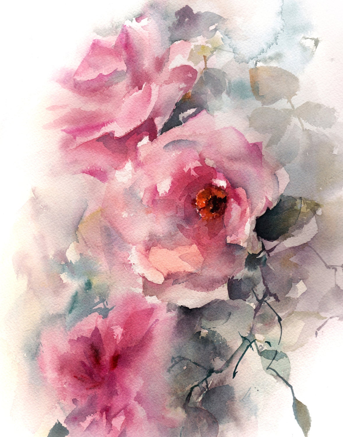 Pink Roses Art Print Floral Pink Green Loose Style Watercolor Etsy