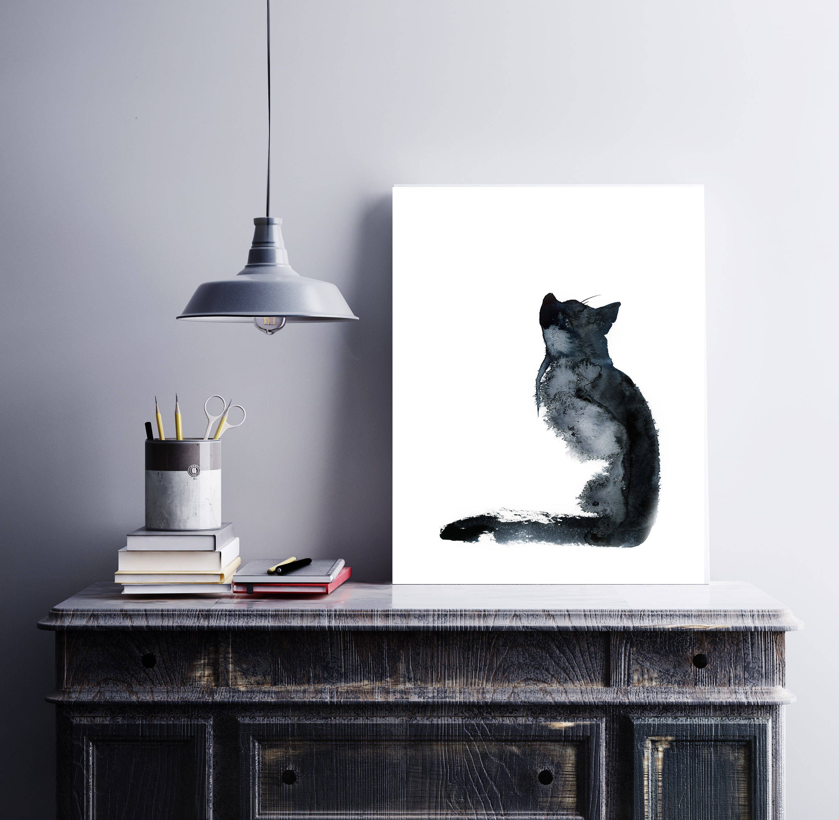 Cat Painting Black and White Fine Art Print Cat Watercolor | Etsy
