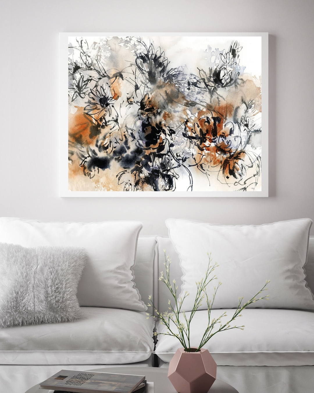 Abstract Florals Painting, Fine Art Print, Dark Blue Amber Flowers