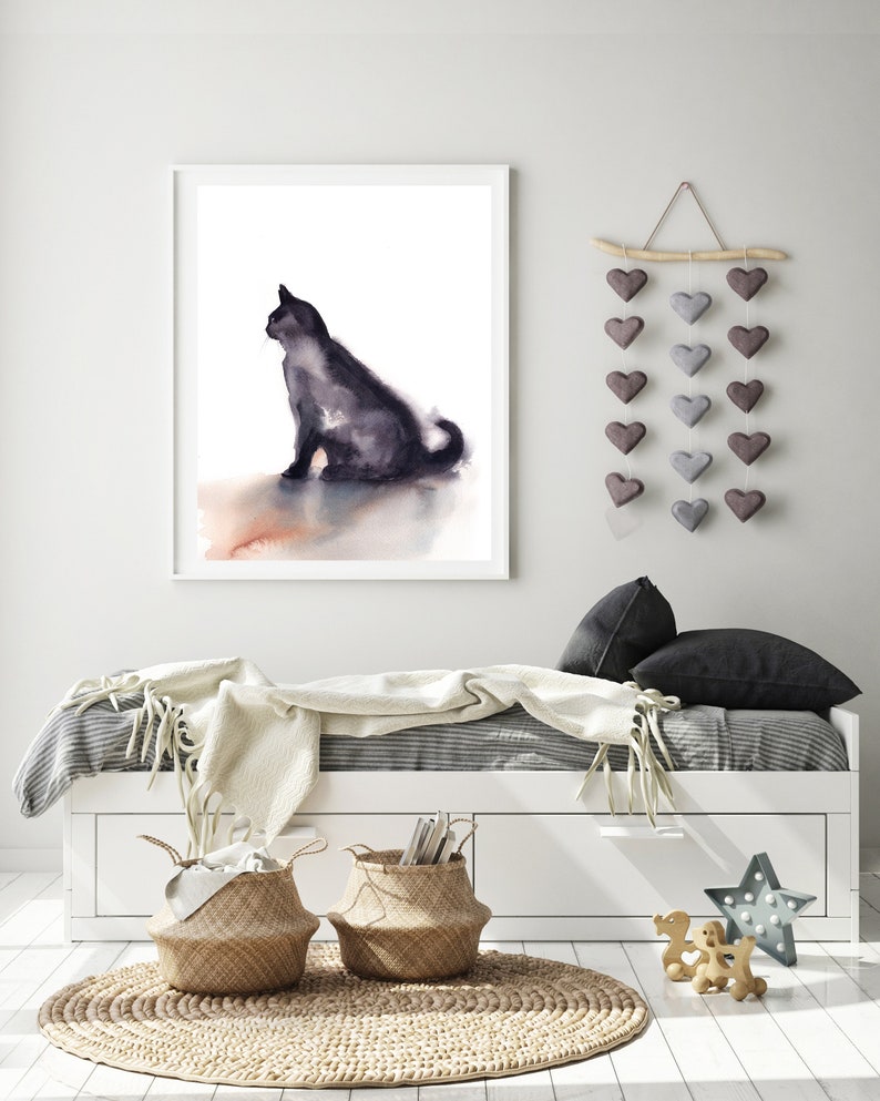 Cat Wall Art Minimalist Watercolor Print Black Cat - Etsy