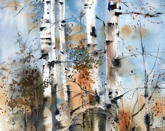 Birch Trees Fine Art Print, Forest Watercolor Painting, Birch Forest Woodland Wall Decor