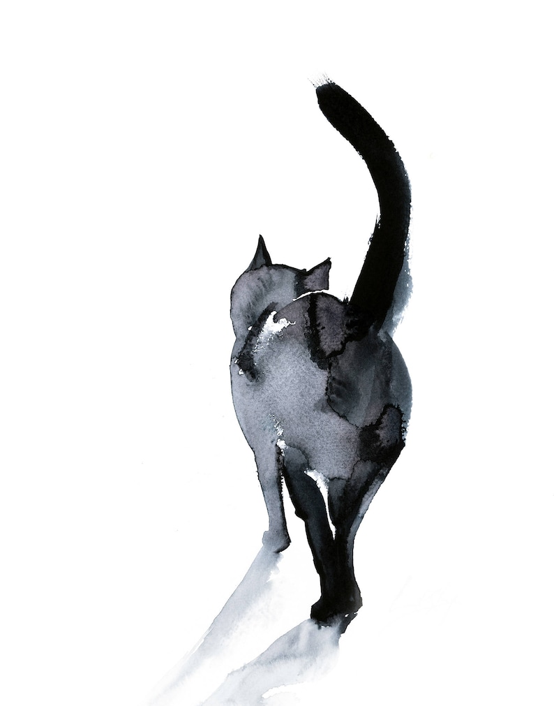  Minimalist  cat  art print black  cat  watercolor print black  Etsy