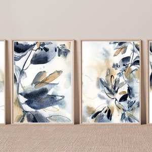 Abstract Prints Set Navy Blue Leaf Painting Gallery Wall Set - Etsy