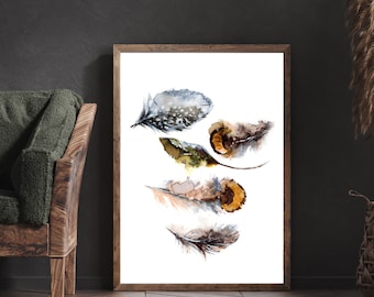 Feathers Painting, Fine Art Print, 5 Feathers Watercolor Art, Feathers Fine Art Print, Large Wall Print, Watercolor Painting Feathers