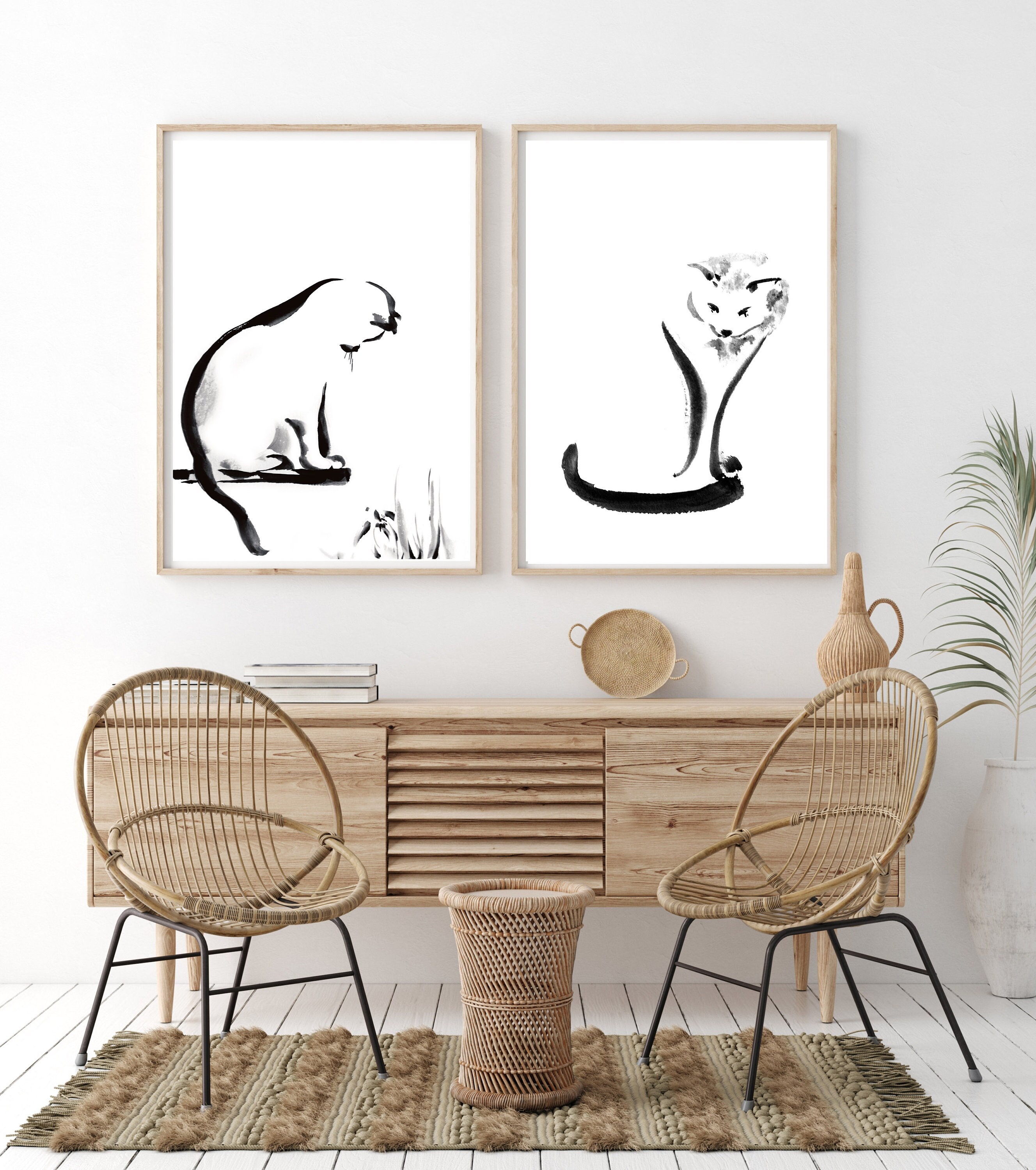 Line Art Cat 2 Prints Set, Minimalist Prints Black and White Cats, Set ...