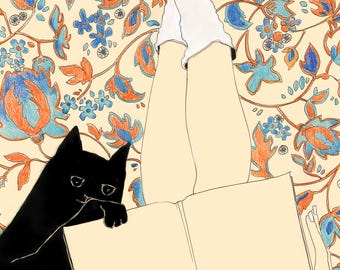 Black Cat and Book Reading Illustration Fine Art Print, Book Reading Lover Art, Cat Drawing Wall Art, Girl Reads Book Wall Decor