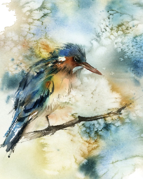 Kingfisher Bird Fine Art Print, Bird Watercolor Painting Illustration