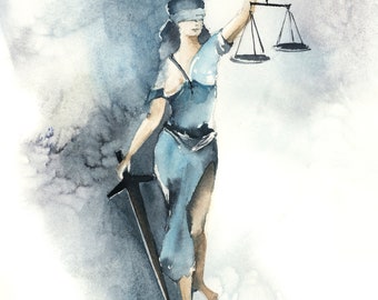 Lady Justice Lawyers Office Wall Art Print, Watercolor Painting, Giclee Museum Quality Fine Art Print, Home Office Decor, Lawyer Gift Idea