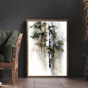 Pittura dell&#39;albero di pino, stampa ad acquerello della foresta, stampa su carta d&#39;arte astratta della natura verde, arredamento della fattoria di grande arte da parete, stampa artistica degli alberi