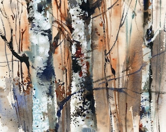 Birch Trees Fine Art Print, Forest Watercolor Painting, Woodland Nature Wall Decor