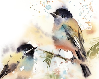 キンカチョウの絵画 キスする鳥 水彩画 アートプリント 枝に止まる2羽