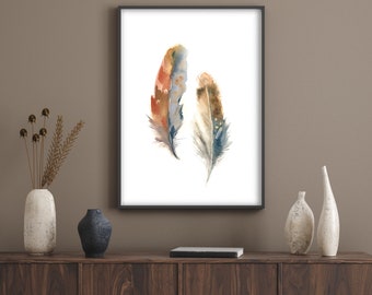 Two Feathers Painting, Art Print, Rust Bluish Two Feathers Watercolor Art, Feathers Wall Fine Art Print, Nursery Kids Room Wall Decor Art