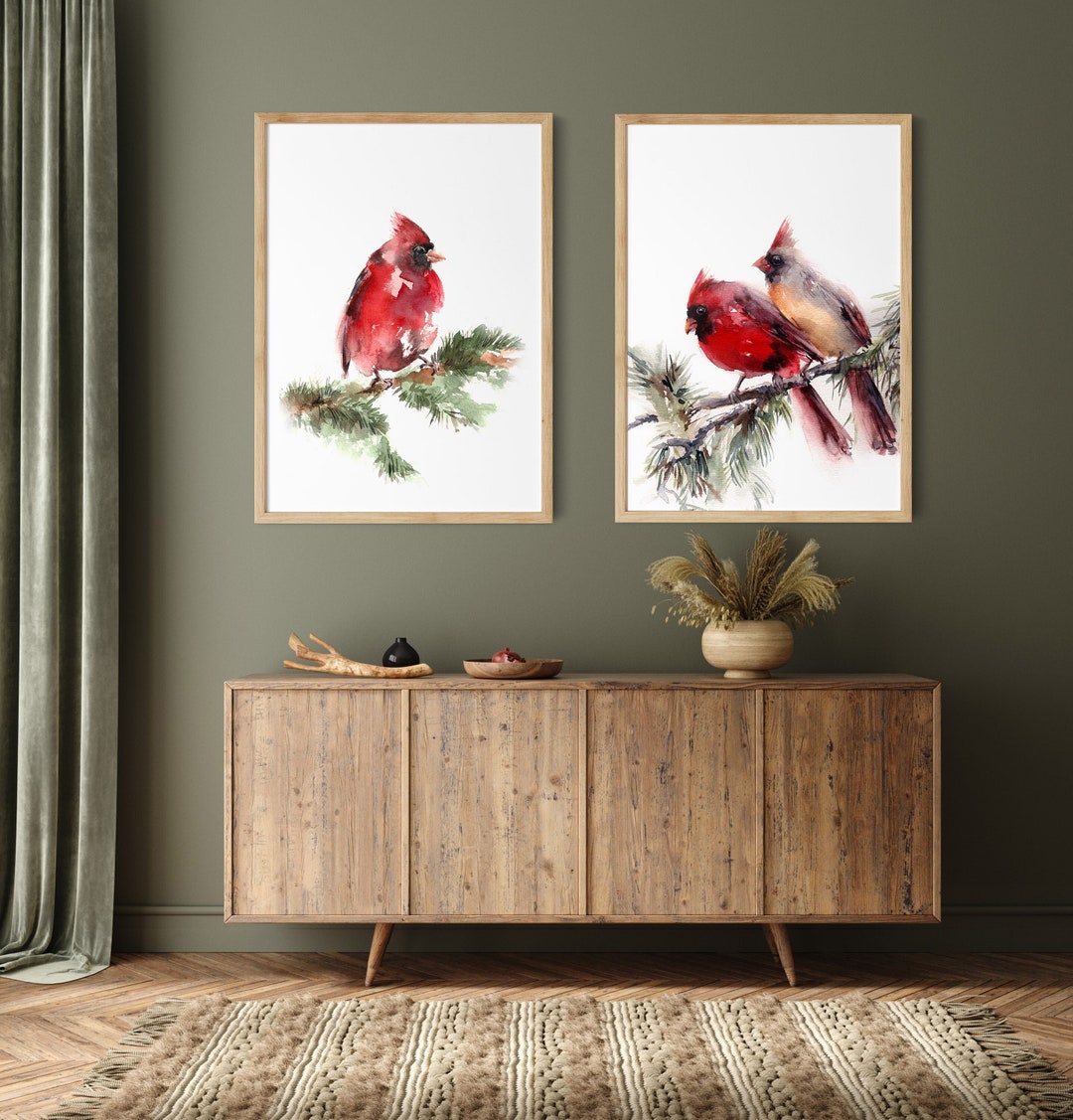 Northern Cardinal Birds Painting, Set of 2 Art Prints, Watercolor ...