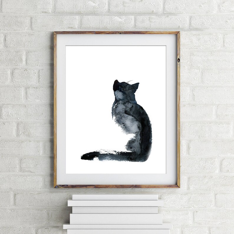Cat Painting Black and White Fine Art Print Cat Watercolor Etsy