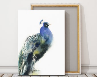 Blue Peacock Bird Print, Bird Watercolor Painting, Bird Wall Art, Peacock Canvas Print, Fine Art Print of Bird, Peacock Painting, Bird Art