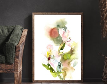Abstract Floral Print, Watercolor Painting, Alstroemeria Flowers Fine Art Print, Green Pink Botanical Wall Art, Abstract Floral Wall Decor
