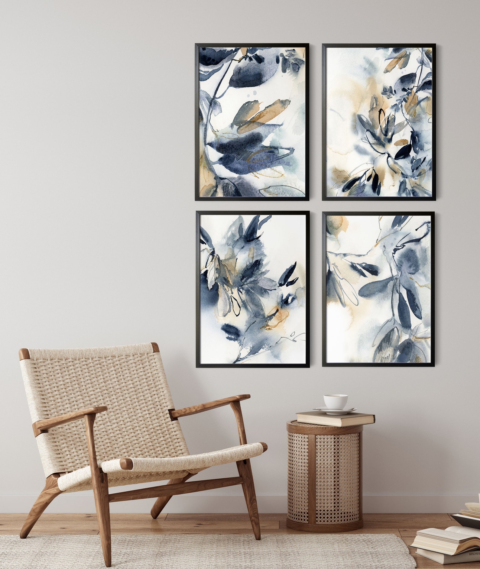Abstract Prints Set Navy Blue Leaf Painting Gallery Wall Set - Etsy