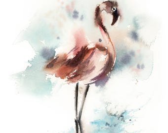 Flamingo Art Print, Pink Frosted Blue Wall Art, Flamingo Watercolor Painting, Tropcial Bird Art