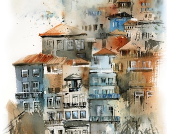 Porto Stadt Szene Kunstdruck, Reise Portugal Wandkunst, Porto Aquarell Kunst, Stadtbild Druck, Landschaft Wand-Dekor, Porto Aquarell Malerei